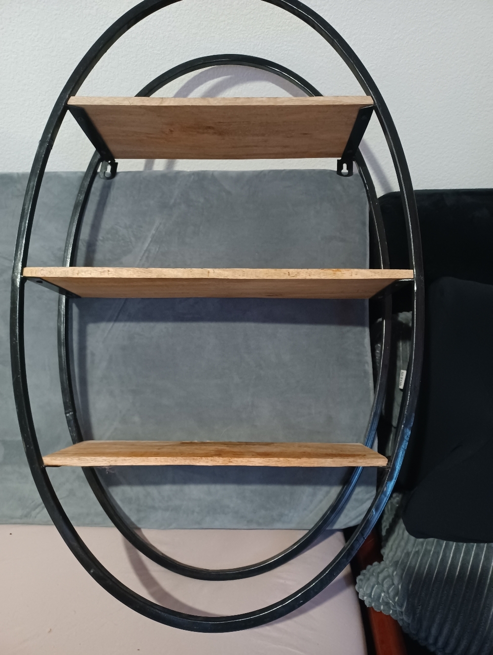 Metal and Wood Oval Wall Shelf - Black and Natural Wood